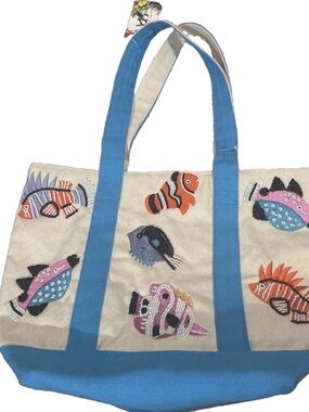 Canvas Tote Bag with Blue Handles and Embroidered Fish